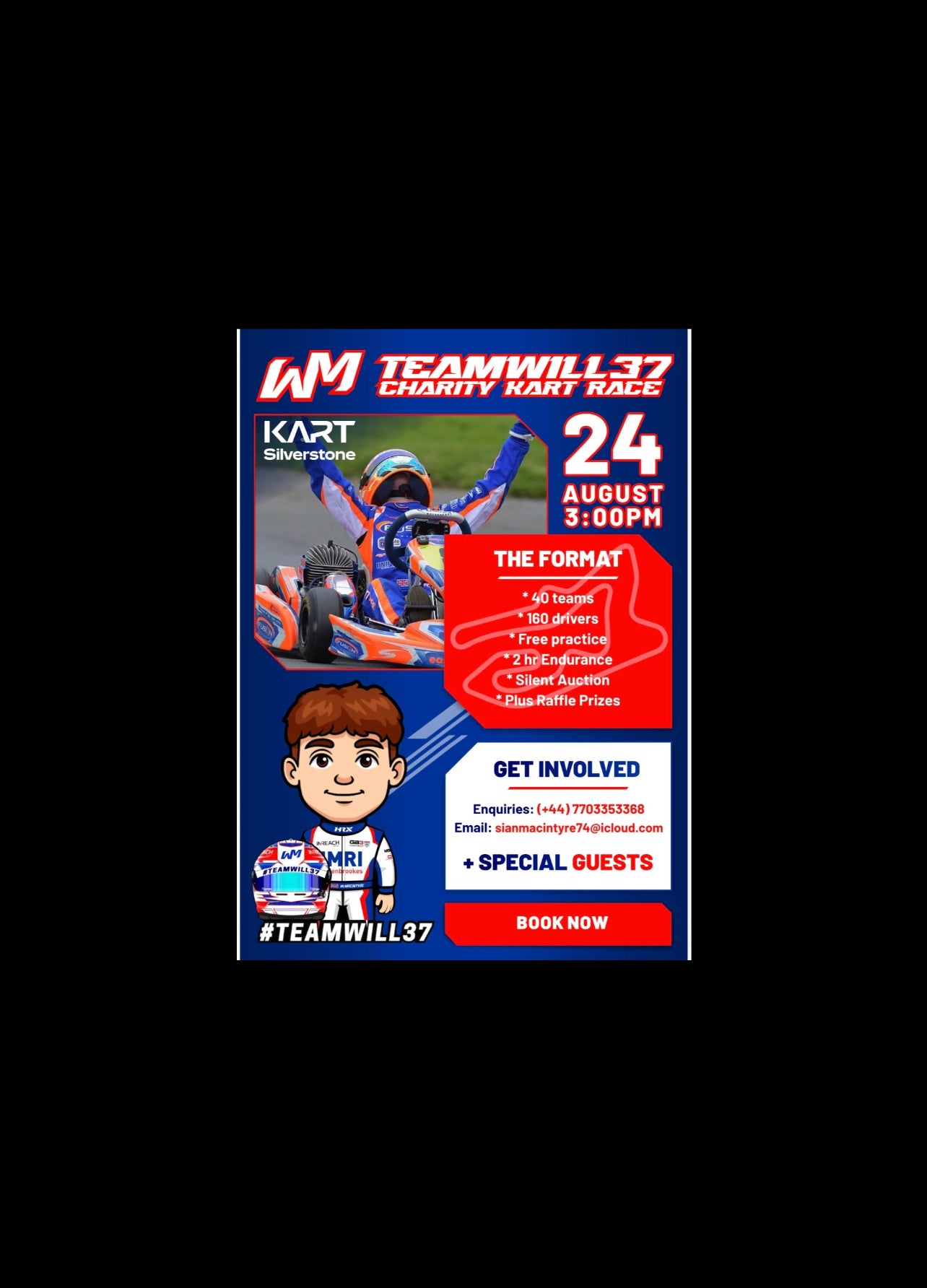 Promotional flyer for the Teamwill37 Charity Kart Race, featuring a kart racer on a track, event details including the date August 24 at 3:00 PM